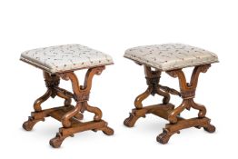 A PAIR OF WILLIAM IV CARVED MAHOGANY AND UPHOLSTERED STOOLS, CIRCA 1835