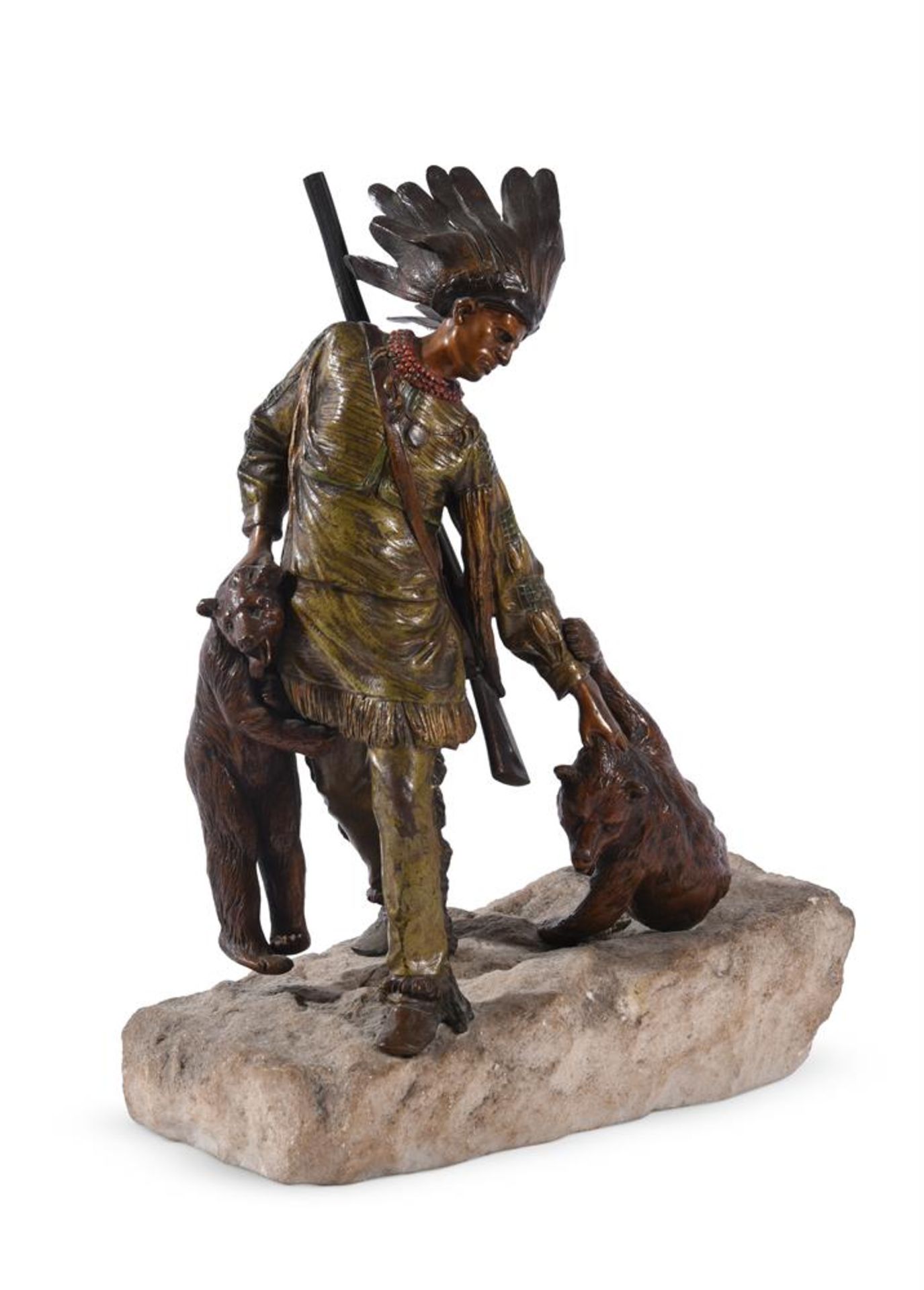 AN AUSTRIAN COLD PAINTED BRONZE MODEL OF A NATIVE AMERICAN HUNTER WITH TWO BEAR CUBS
