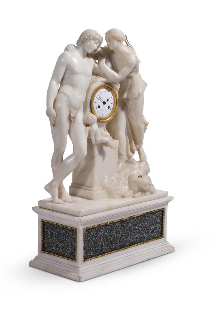 A FRENCH MARBLE FIGURAL CLOCK CASE MODELLED AS DIANA AND APOLLO, LATE 19TH CENTURY