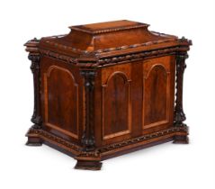 A VICTORIAN FLAME AND PLUM PUDDING MAHOGANY AND MAPLE CASKET OR CELLARET
