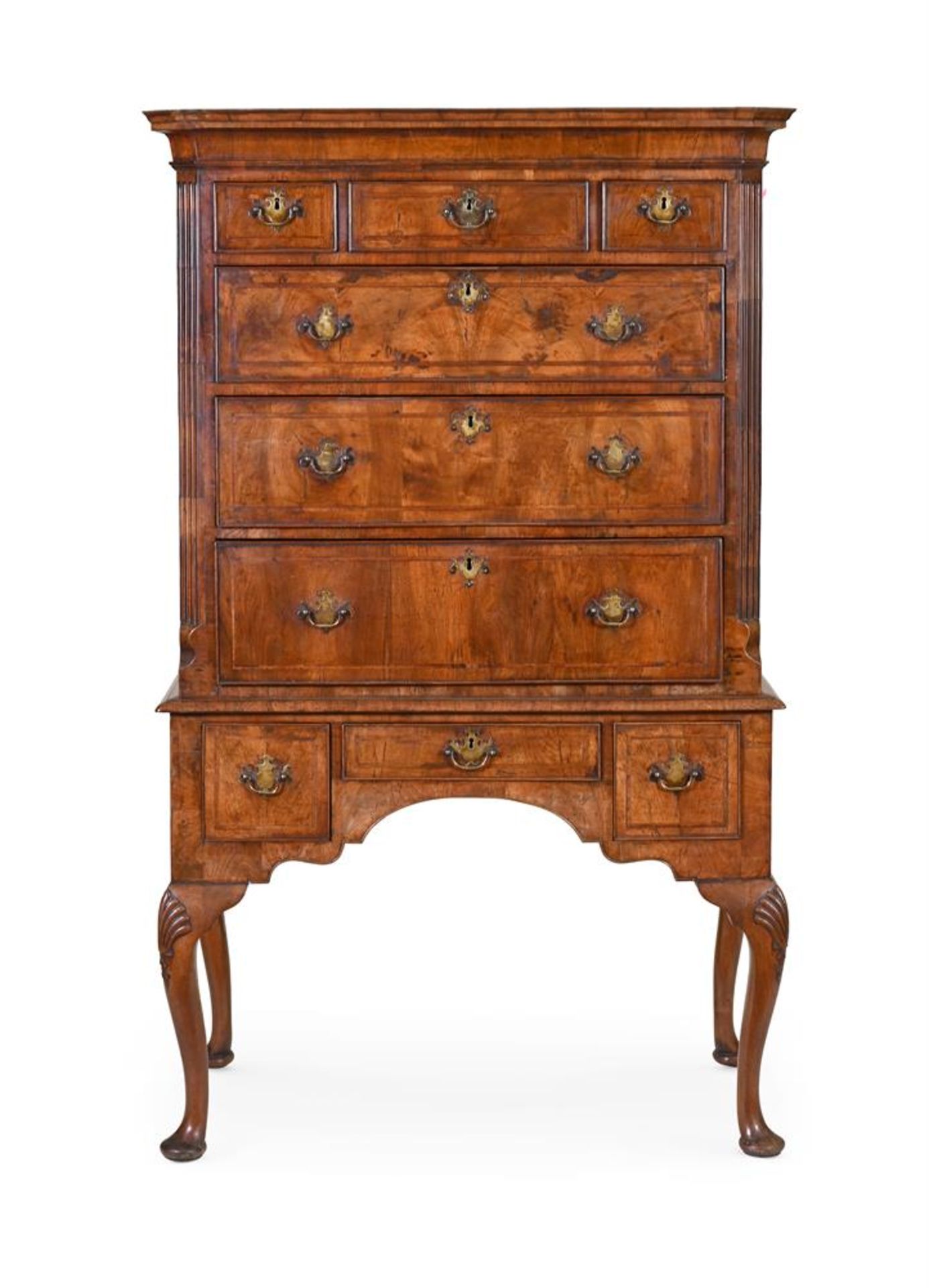 A WALNUT AND FEATHERBANDED CHEST ON STAND MID 18TH CENTURY AND LATER 170cm high