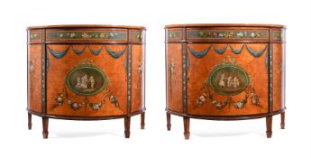 Y A PAIR OF SATINWOOD, KINGWOOD AND POLYCHROME PAINTED BOW FRONT COMMODES, FIRST HALF 19TH CENTURY