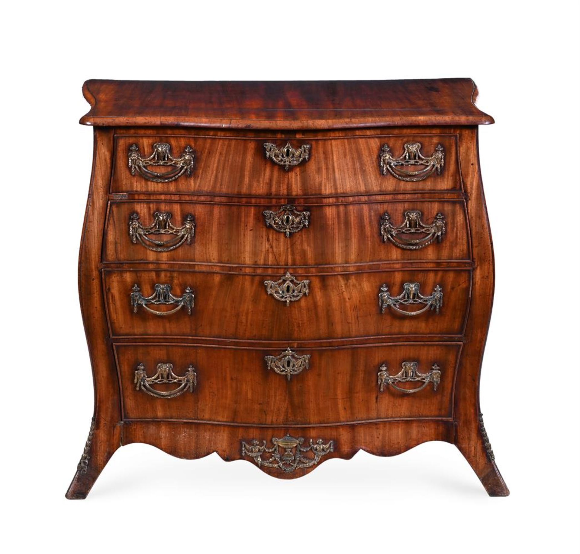 A DUTCH GILT METAL MOUNTED MAHOGANY BOMBE COMMODE, 18TH CENTURY