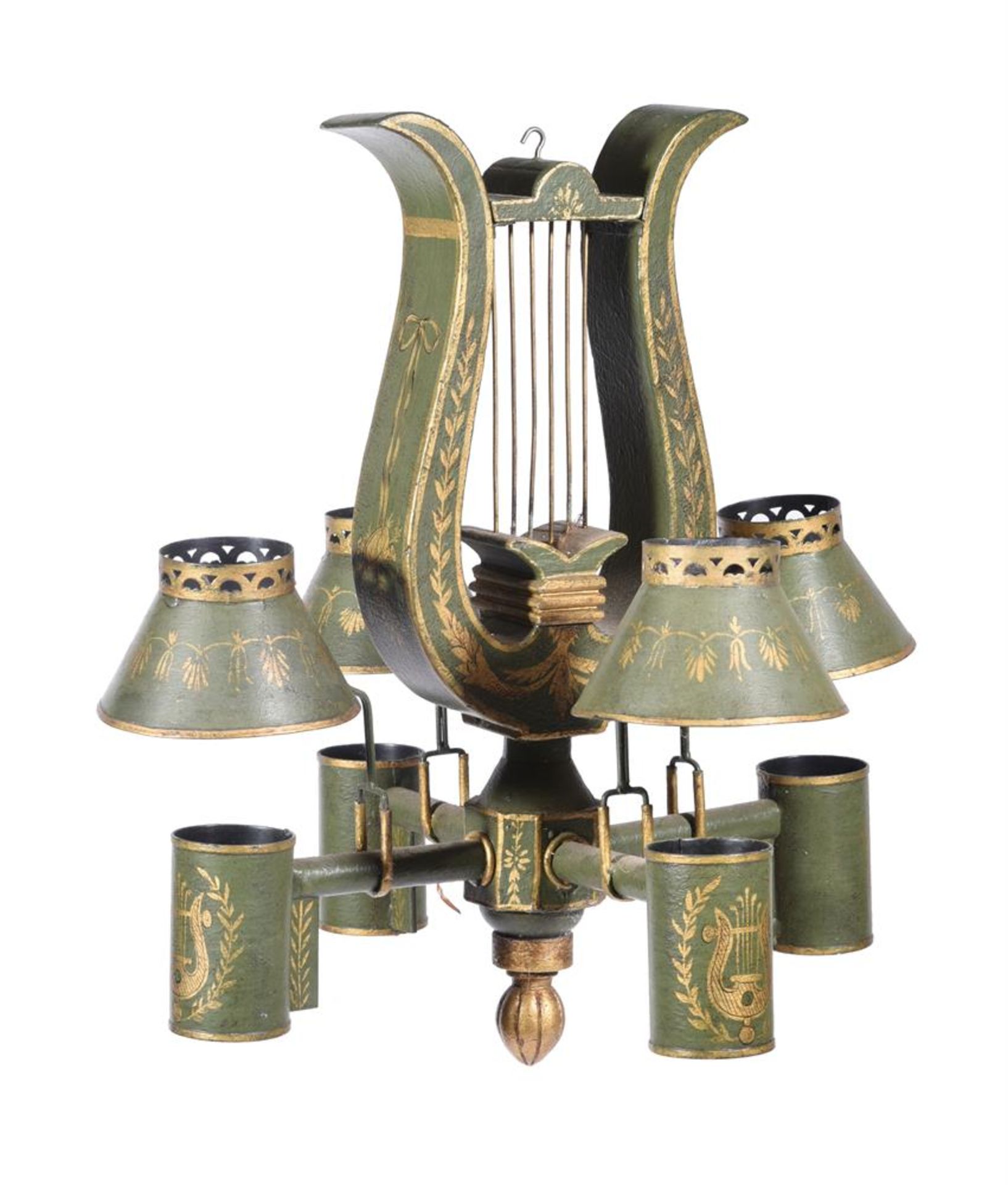 A TOLE AND COMPOSITION FOUR BRANCH LYRE SHAPED CEILING LIGHT