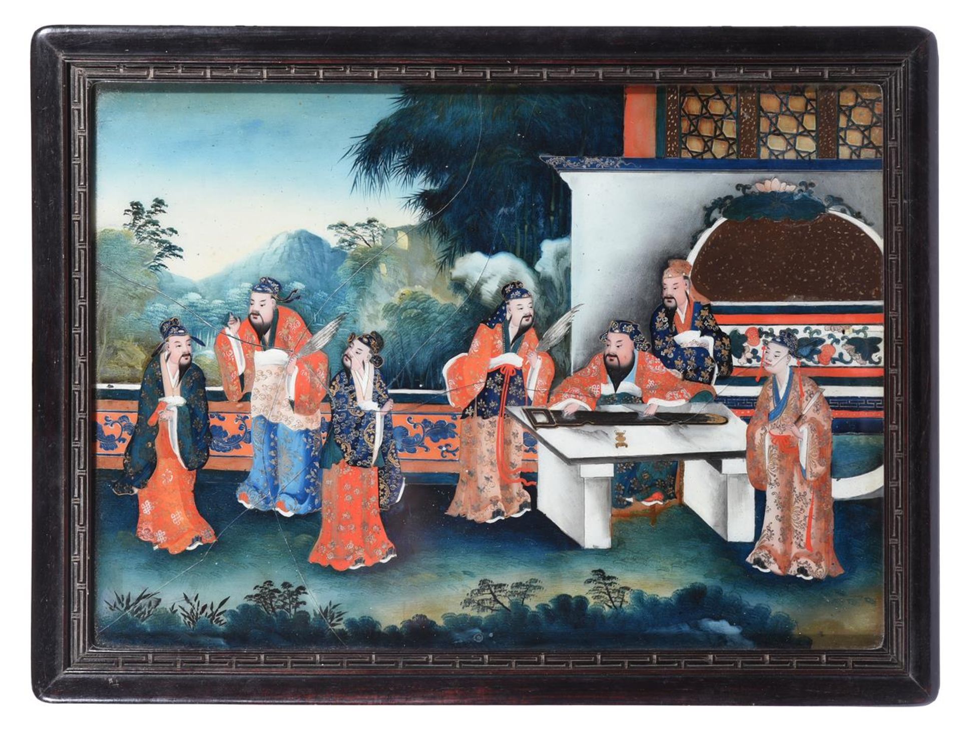 A CHINESE REVERSE GLASS PAINTING WITH HARDWOOD FRAME, LATE 18TH/ EARLY 19TH CENTURY