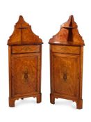 Y A PAIR OF SATINWOOD AND MARQUETRY STANDING CORNER CABINETS, IN GEORGE III STYLE, 19TH CENTURY