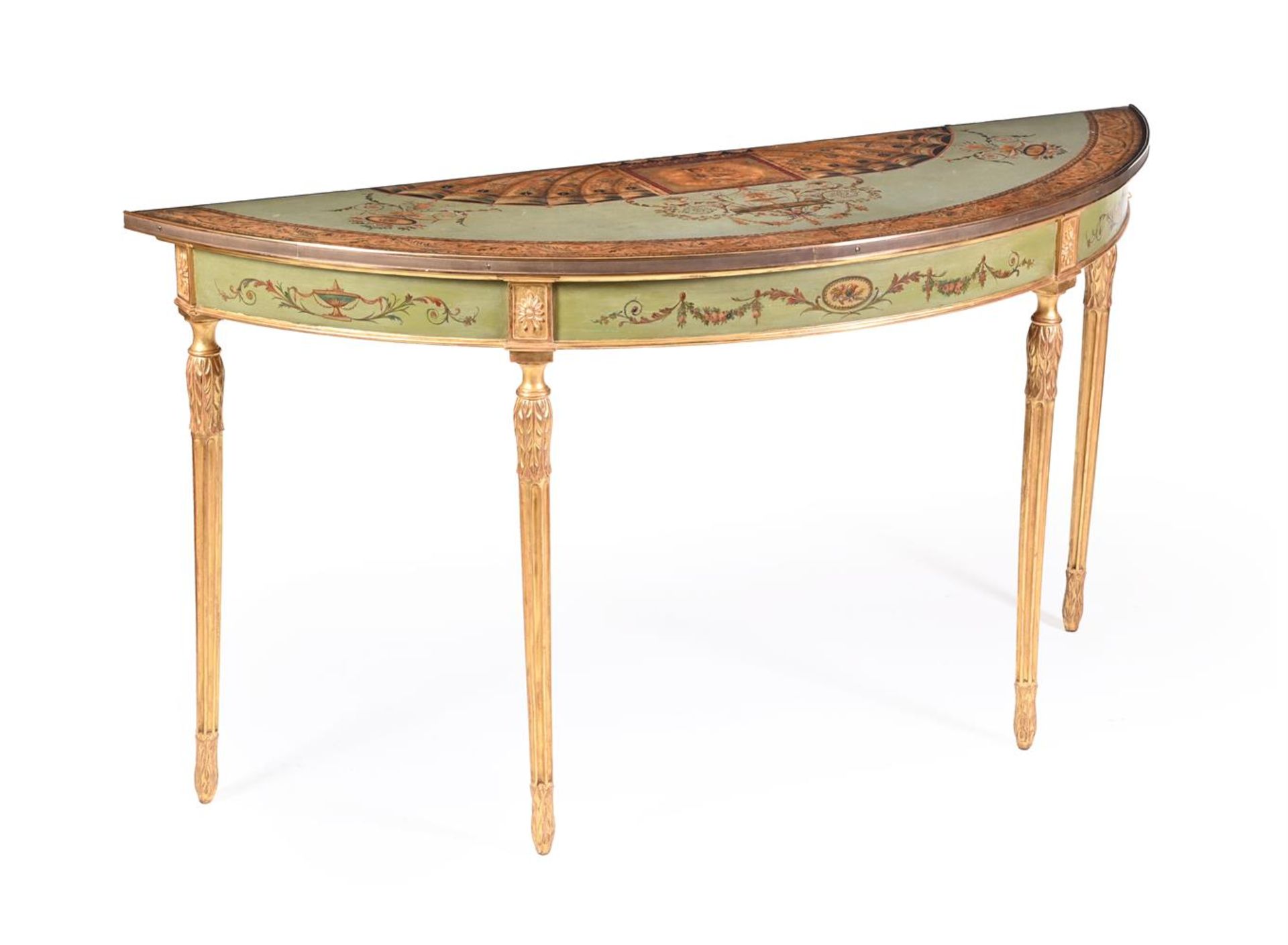 A PAIR OF PARCEL GILT AND POLYCHROME PAINTED SEMI-ELLIPTICAL SIDE TABLES IN GEORGE III STYLE - Bild 2 aus 6