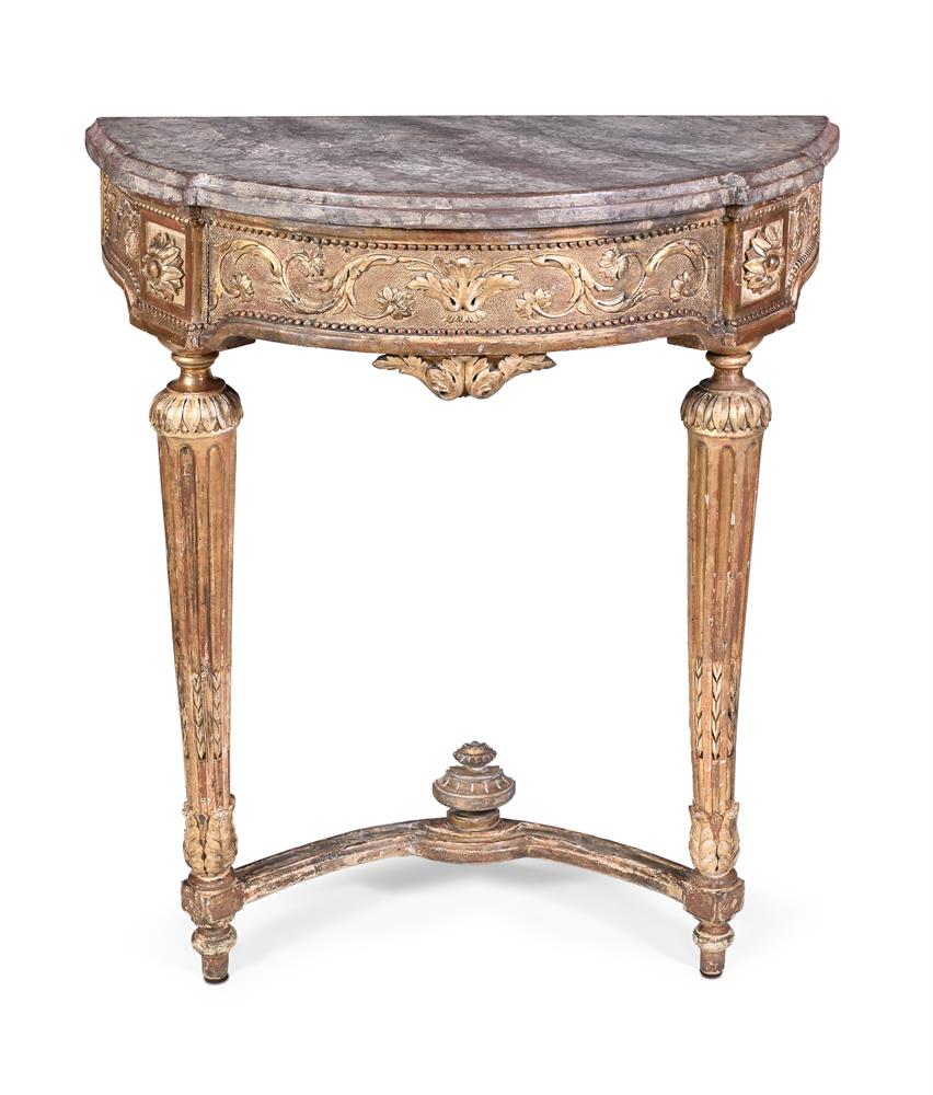 AN ITALIAN GILTWOOD AND SIMULATED MARBLE CONSOLE TABLE, LATE 18TH CENTURY