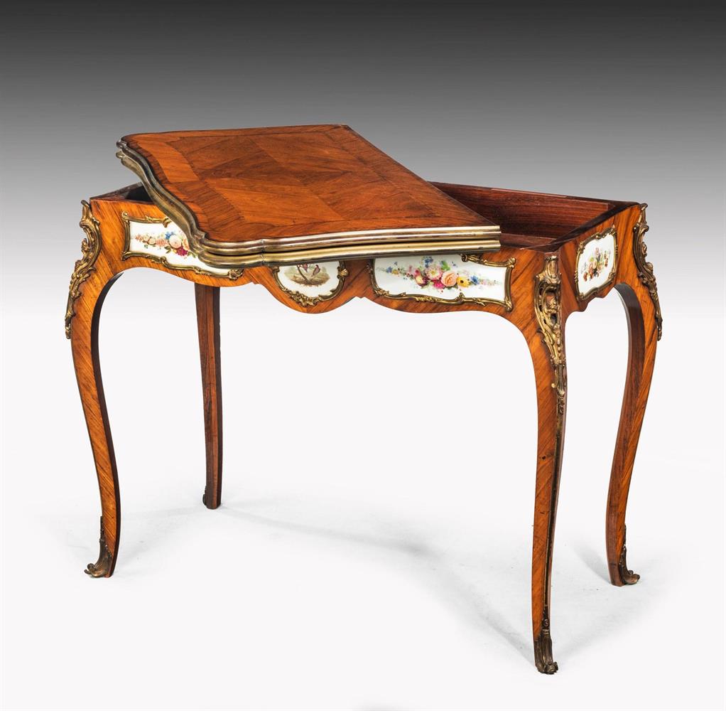 Y AN EARLY VICTORIAN PORCELAIN AND GILT BRONZE MOUNTED TULIPWOOD CARD TABLE BY G J MORANT - Image 3 of 9