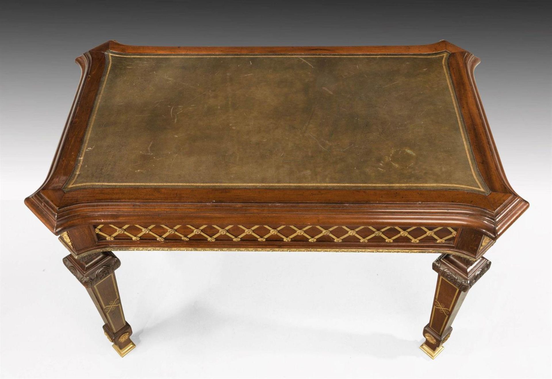 A PAIR OF MAHOGANY, BRASS INLAID AND GILT METAL MOUNTED LIBRARY TABLES, LATE 19TH/20TH CENTURY - Image 7 of 7