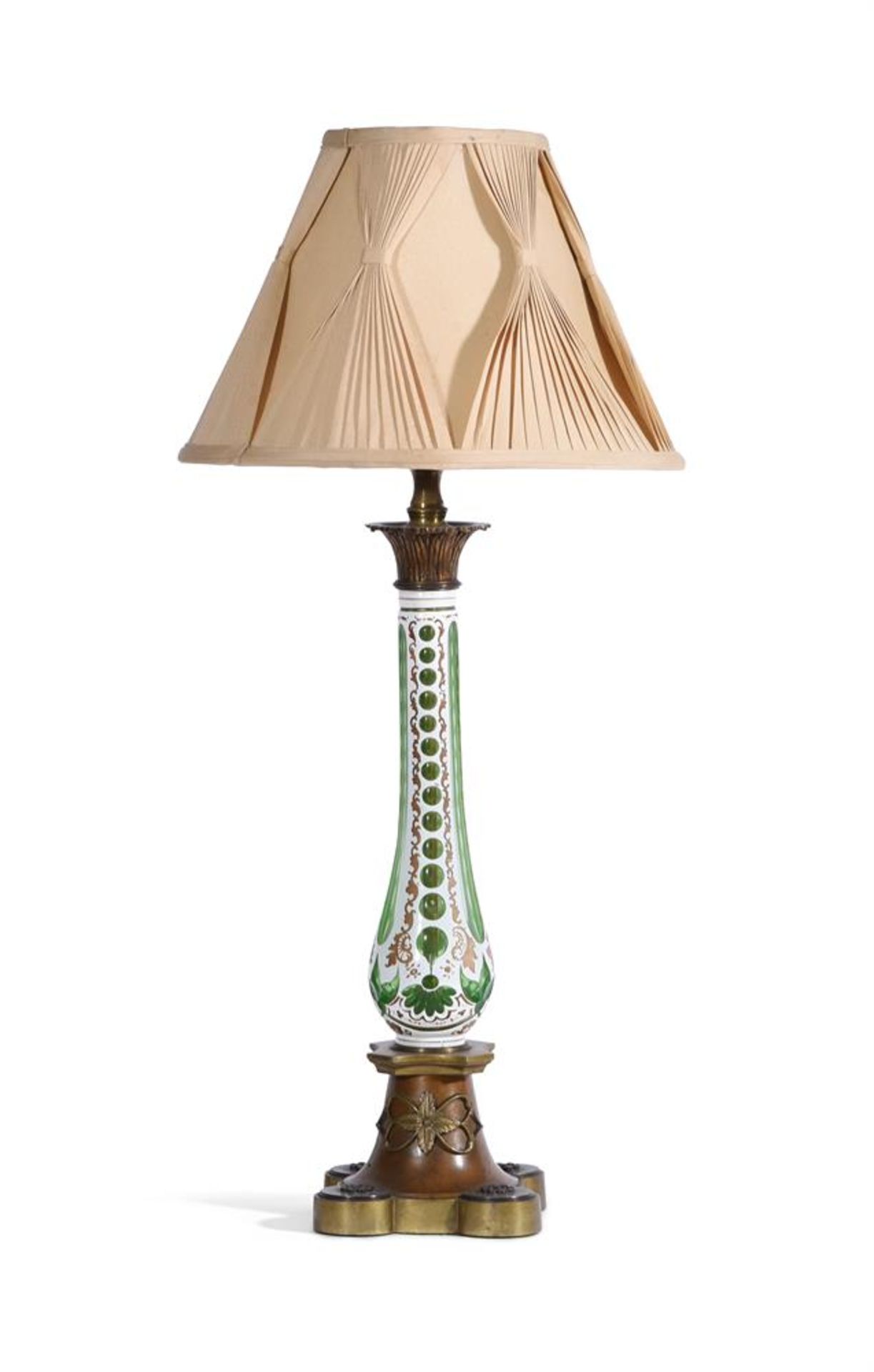 A FRENCH PALE GREEN AND OPAQUE WHITE OVERLAY GLASS AND GILT METAL MOUNTED COLUMNAR PARAFFIN LAMP