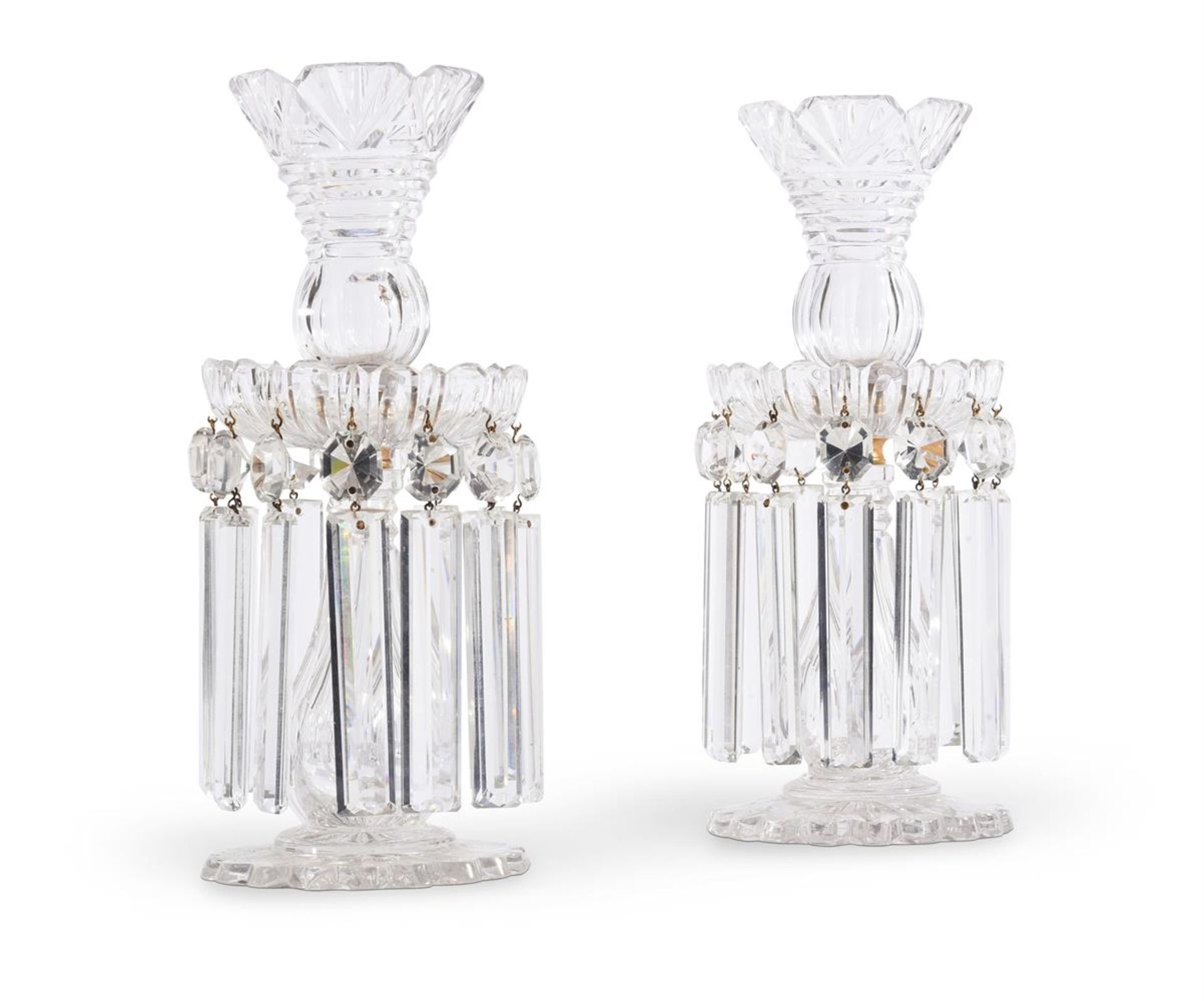 A PAIR OF WILLIAM IV/ EARLY VICTORIAN CUT GLASS TABLE LUSTRES, CIRCA 1830-40