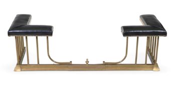 A BRASS AND GREEN LEATHER UPHOLSTERED ADJUSTABLE CLUB FENDER, 20TH CENTURY