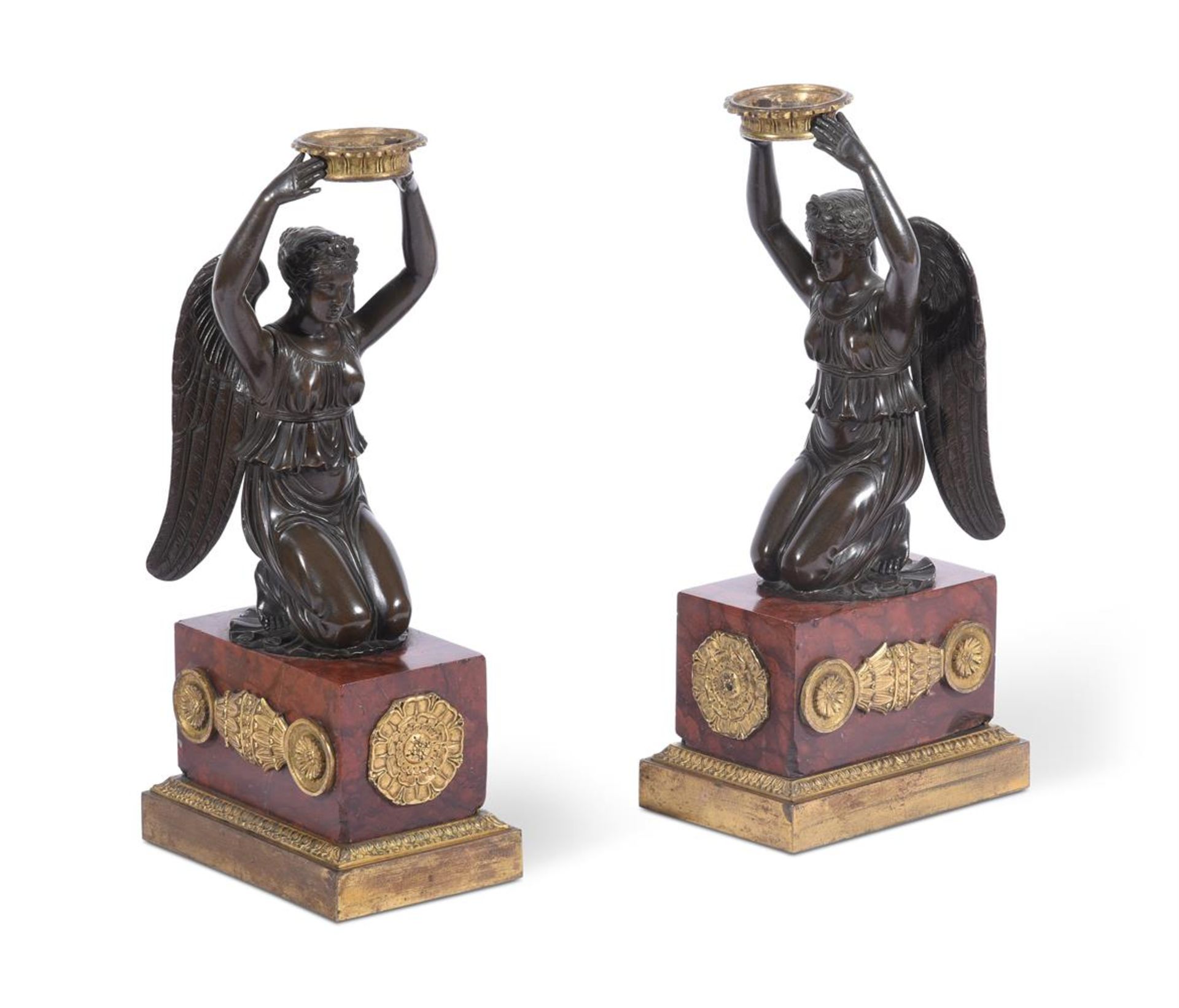 A PAIR OF FRENCH BRONZE FIGURAL MANTLE GARNITURE, EARLY 19TH CENTURY