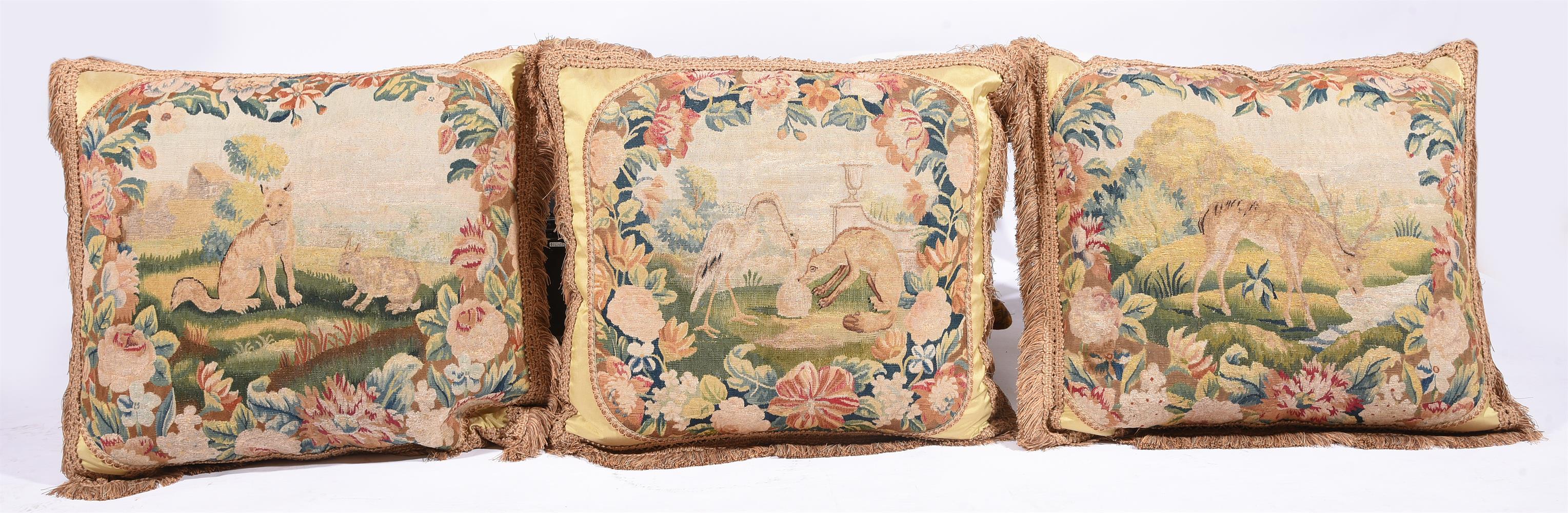 SIX LARGE CUSHIONSINCORPORATING 18TH CENTURY TAPESTRY WITH ANIMALS FROM FABLES AND LATER FABRIC - Image 4 of 4