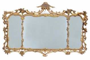 A CARVED GILTWOOD TRIPTYCH MIRROR, IN GEORGE III STYLE, 19TH CENTURY
