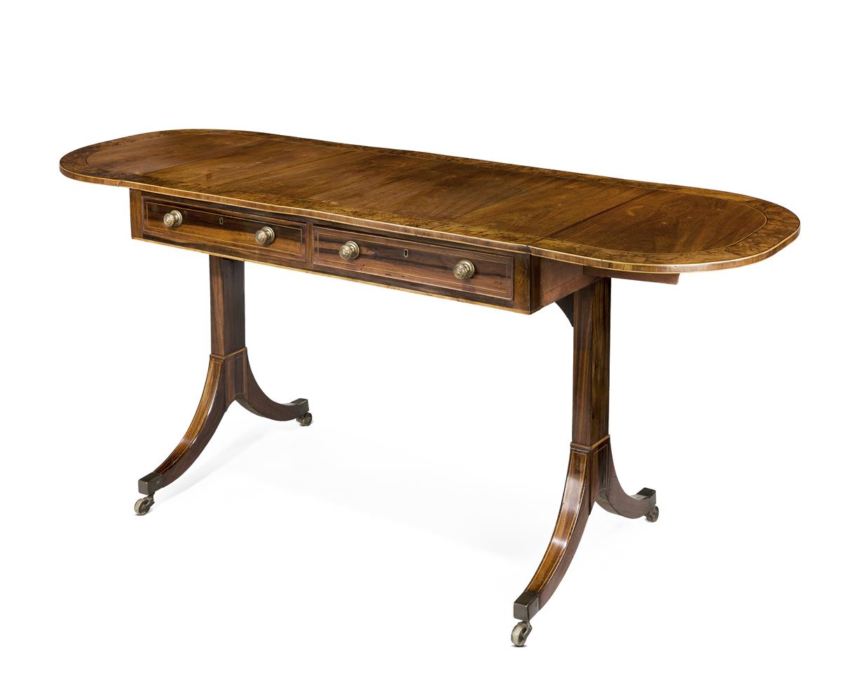 Y AN UNUSUAL REGENCY PADOUK AND BURR YEW CROSSBANDED SOFA TABLE, CIRCA 1815
