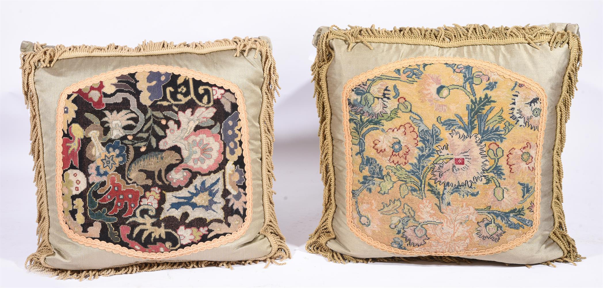 SEVEN LARGE CUSHIONS INCORPORATING 18TH CENTURY WOOLWORK AND LATER FABRIC - Image 4 of 4
