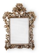 A SILVERED WOOD WALL MIRROR IN 18TH CENTURY STYLE