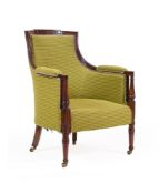 A GEORGE IV MAHOGANY AND UPHOLSTERED ARMCHAIR, CIRCA 1825