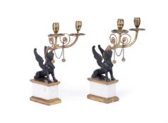 A PAIR OF REGENCY STYLE BLACK SPELTER AND MARBLE CANDELABRA LATE 19TH CENTURY