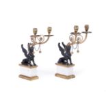 A PAIR OF REGENCY STYLE BLACK SPELTER AND MARBLE CANDELABRA LATE 19TH CENTURY