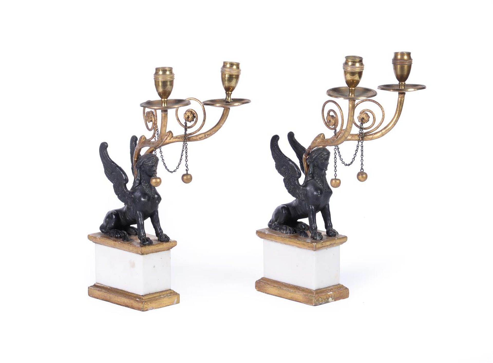 A PAIR OF REGENCY STYLE BLACK SPELTER AND MARBLE CANDELABRA LATE 19TH CENTURY