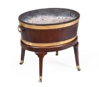 A GEORGE III MAHOGANY AND BRASS BOUND WINE COOLER ON STAND, CIRCA 1780