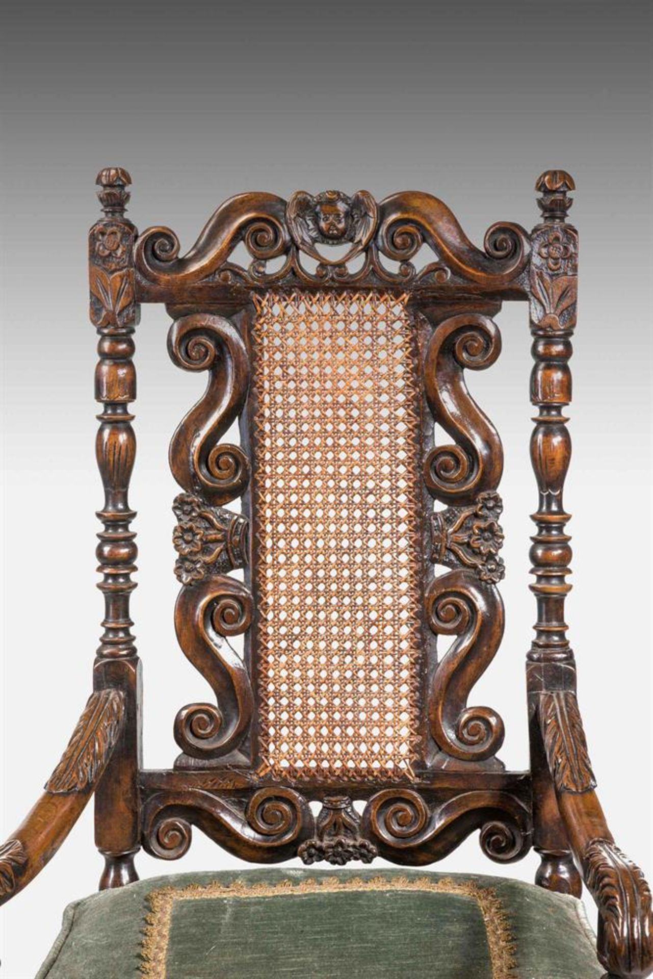 A VICTORIAN WALNUT ARMCHAIR, 19TH CENTURY, IN CHARLES II STYLE - Image 3 of 4