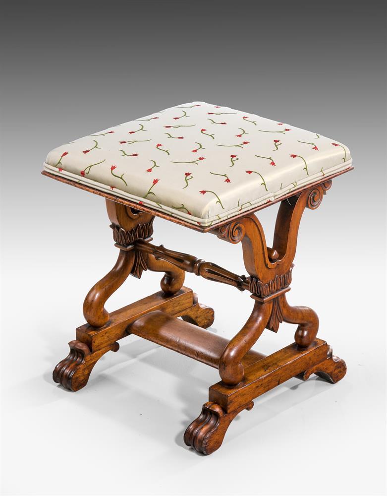 A PAIR OF WILLIAM IV CARVED MAHOGANY AND UPHOLSTERED STOOLS, CIRCA 1835 - Image 2 of 5