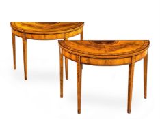 Y A PAIR OF GEORGE III SATINWOOD AND MARQUETRY DEMI-LUNE CARD TABLES, LATE 18TH CENTURY