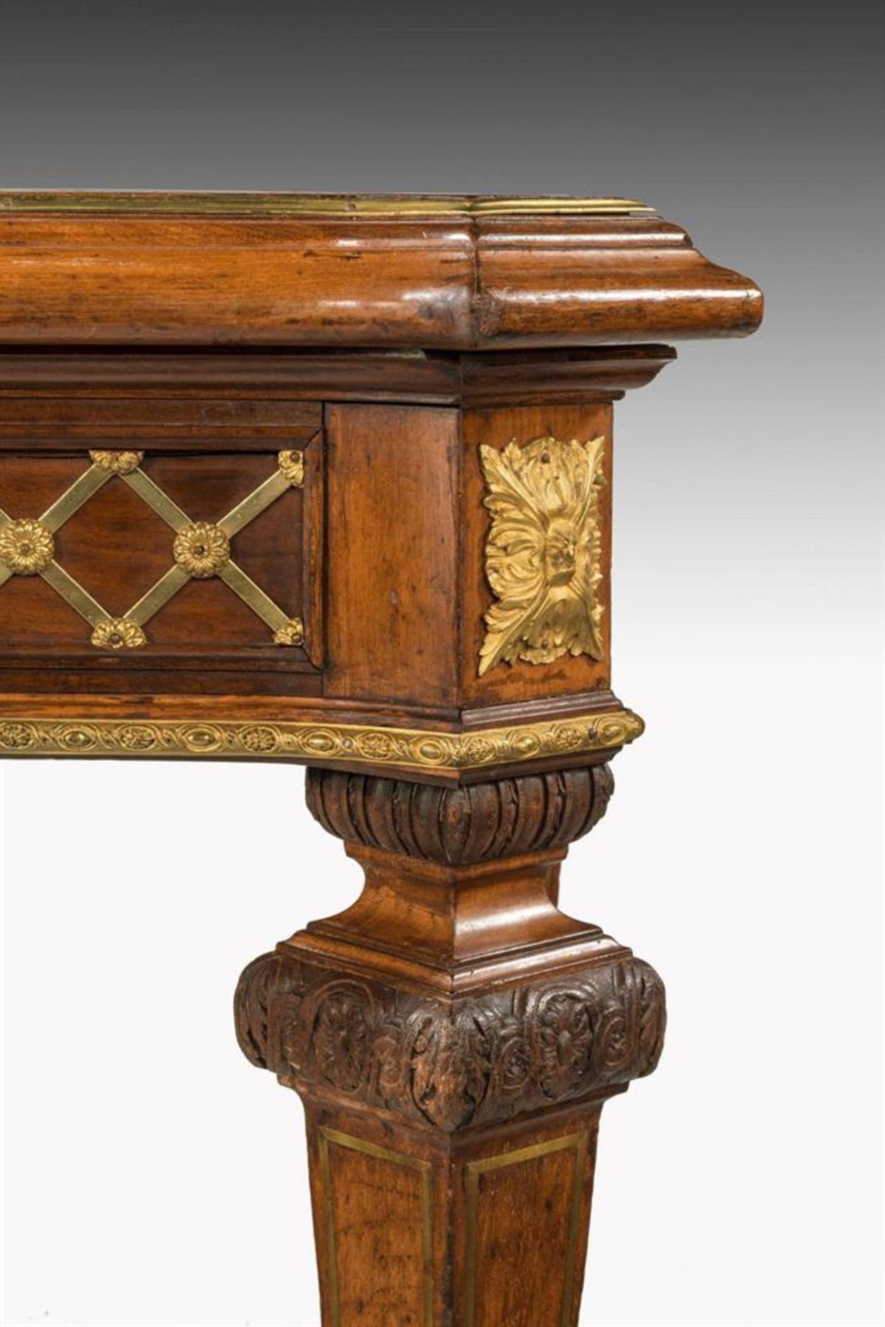 A PAIR OF MAHOGANY, BRASS INLAID AND GILT METAL MOUNTED LIBRARY TABLES, LATE 19TH/20TH CENTURY - Image 4 of 7