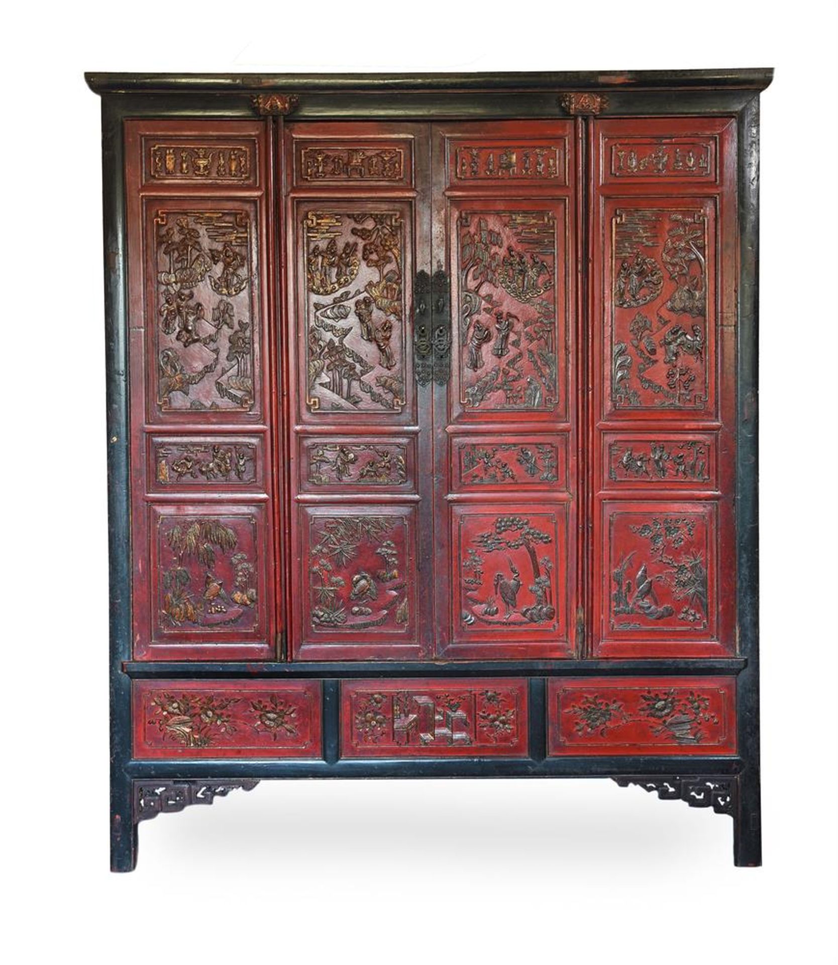 A CHINESE RED LACQUER AND PARCEL GILT CABINET, 19TH CENTURY OR 20TH CENTURY