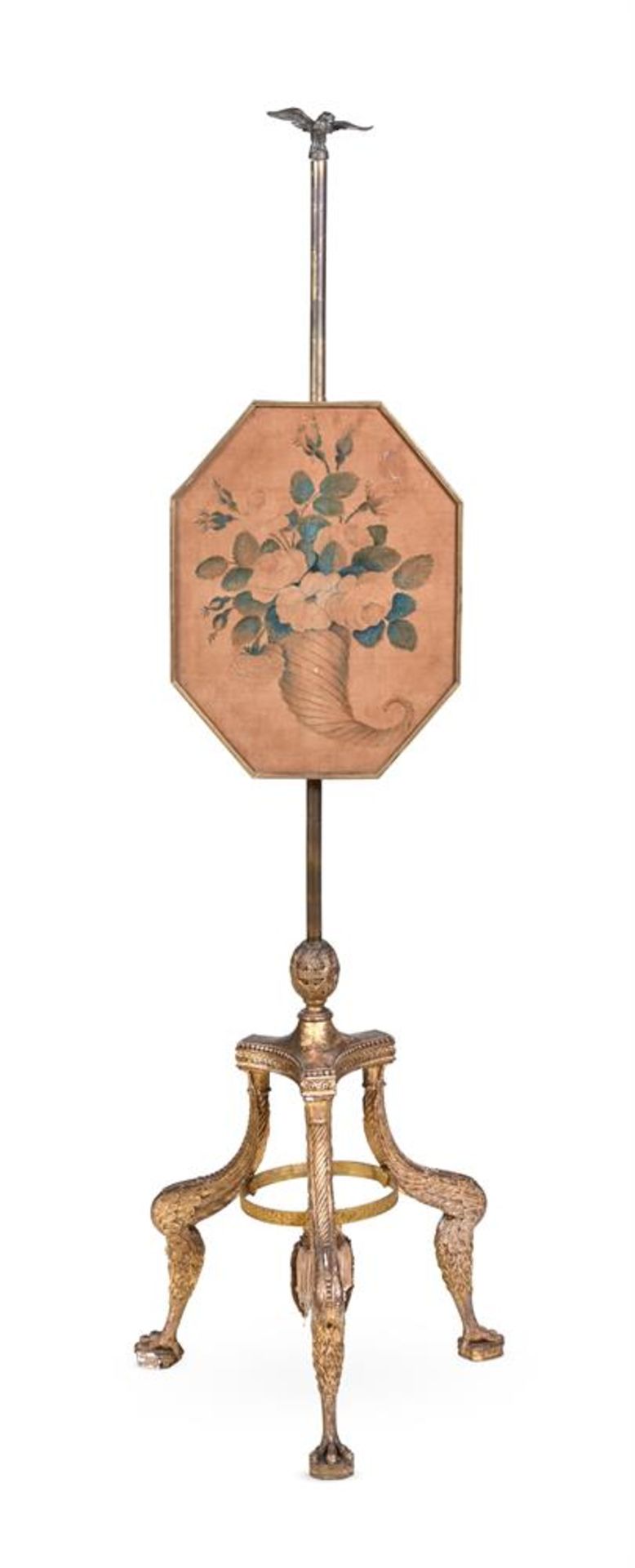 A GEORGE IV GILTWOOD AND GILT METAL TRIPOD BANNER POLE SCREEN