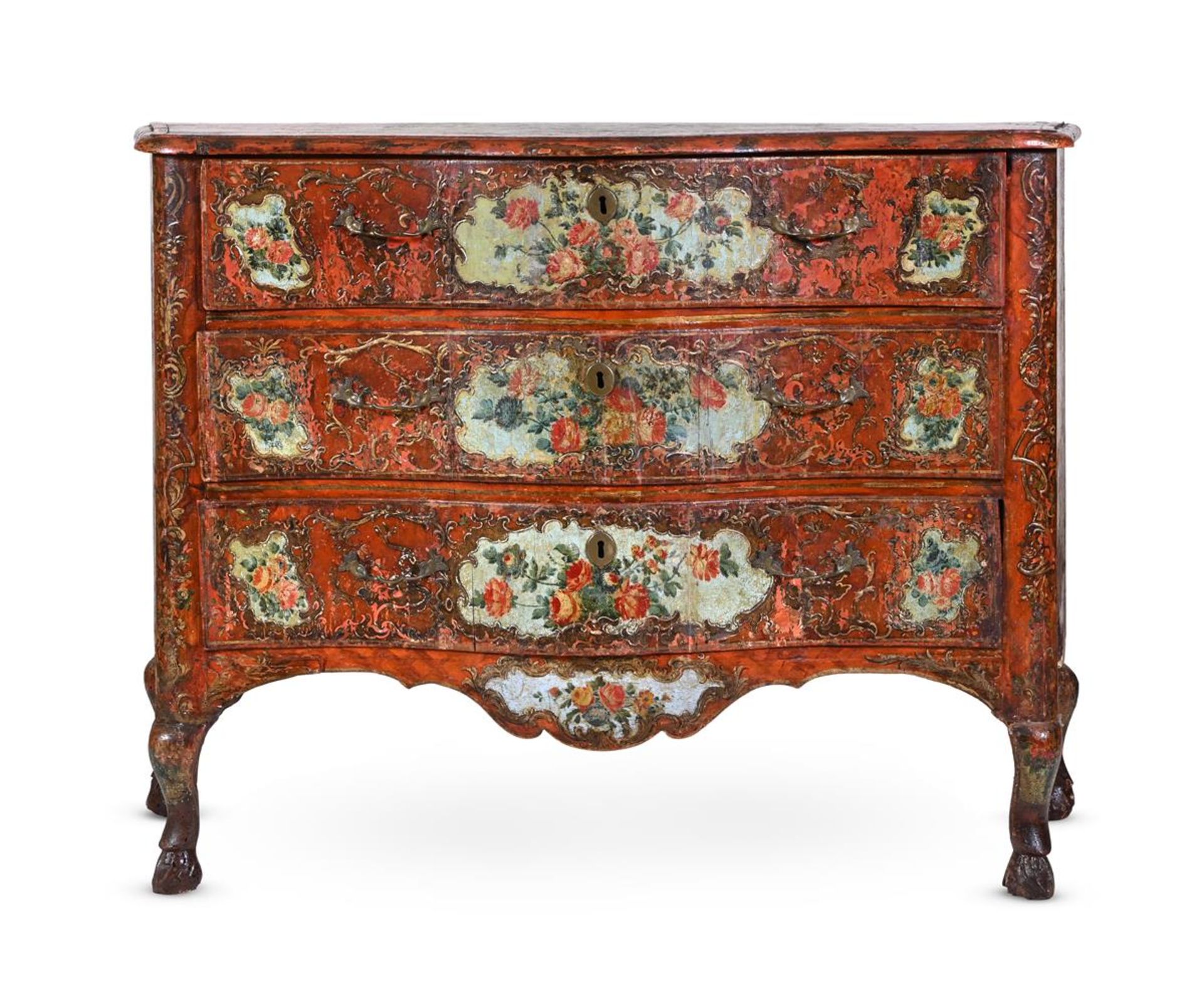 A NORTH ITALIAN POLYCHROME DECORATED SERPENTINE COMMODE MID 18TH CENTURY