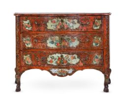 A NORTH ITALIAN POLYCHROME DECORATED SERPENTINE COMMODE MID 18TH CENTURY