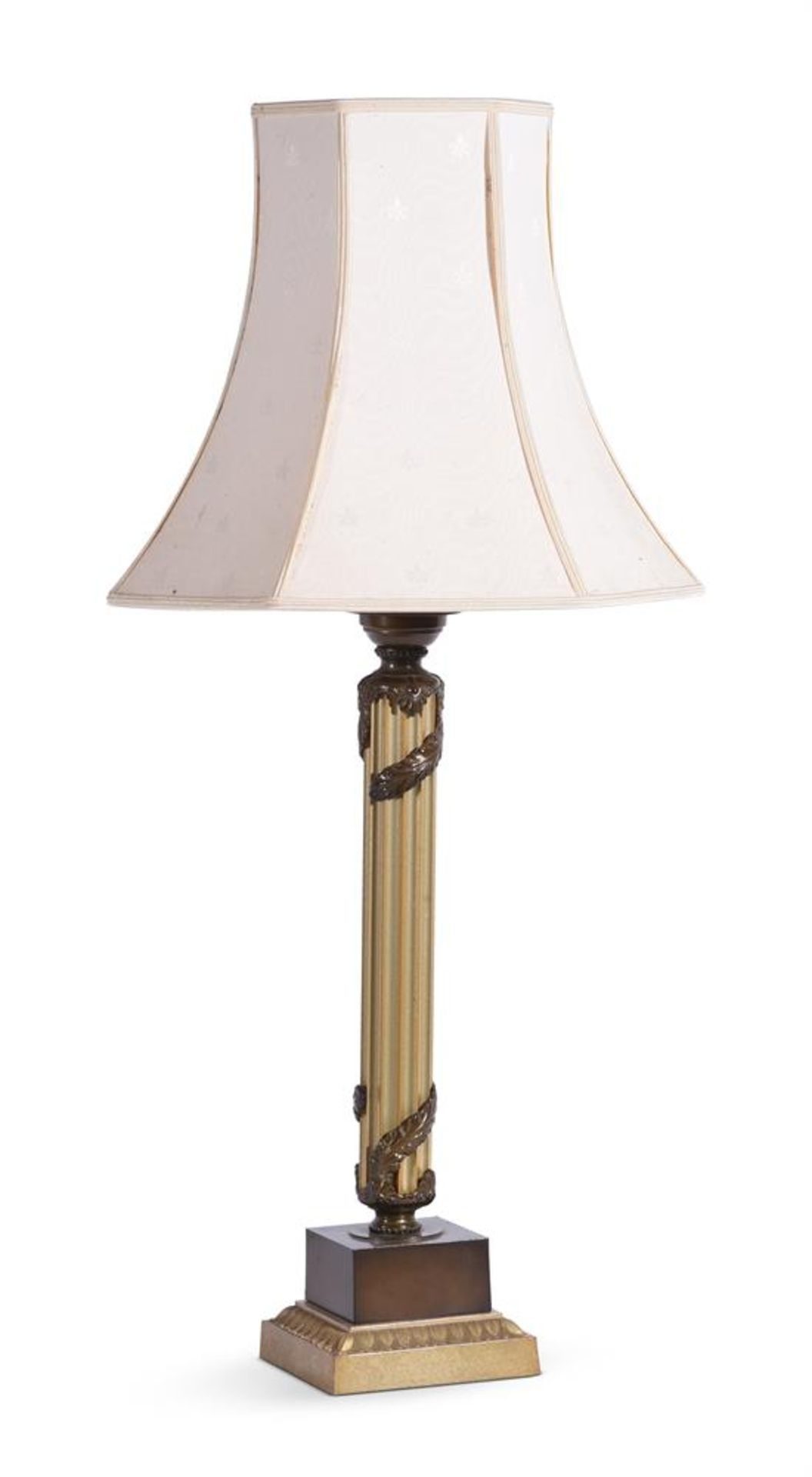 A GILT AND BRONZE METAL COLUMNAR TABLE LAMP