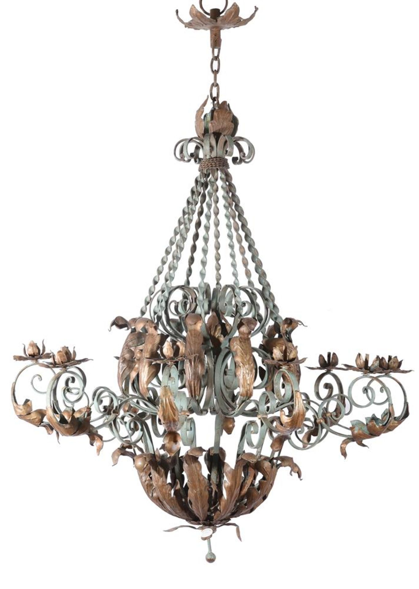 A WROUGHT IRON GREEN PAINTED AND GILT TEN BRANCH CHANDELIER, 20TH CENTURY