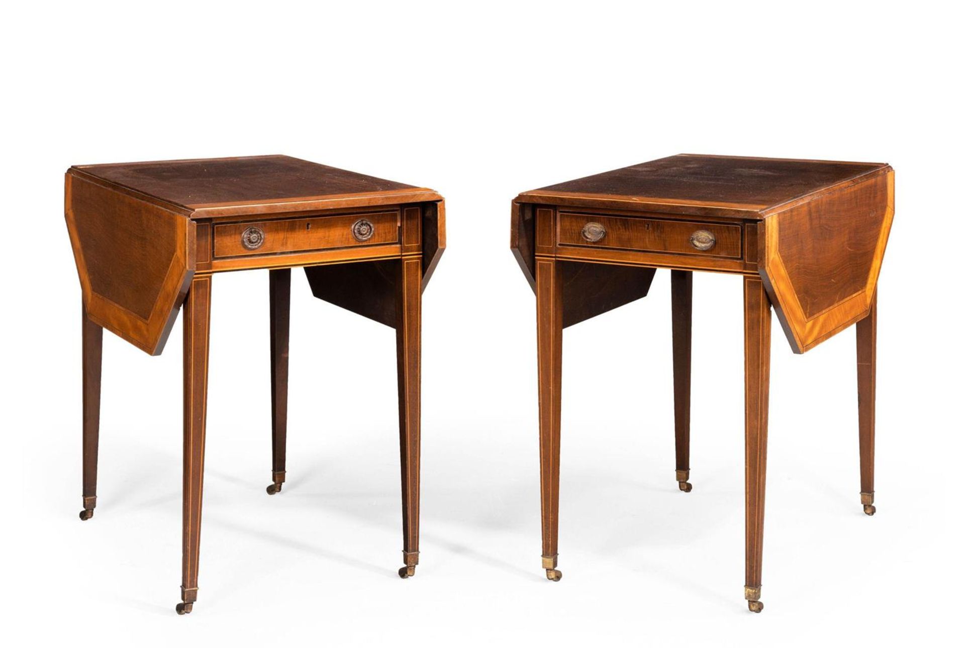 Y A MATCHED PAIR OF MAHOGANY, SATINWOOD AND TULIPWOOD PEMBROKE TABLES BY GILLOWS OF LANCASTER
