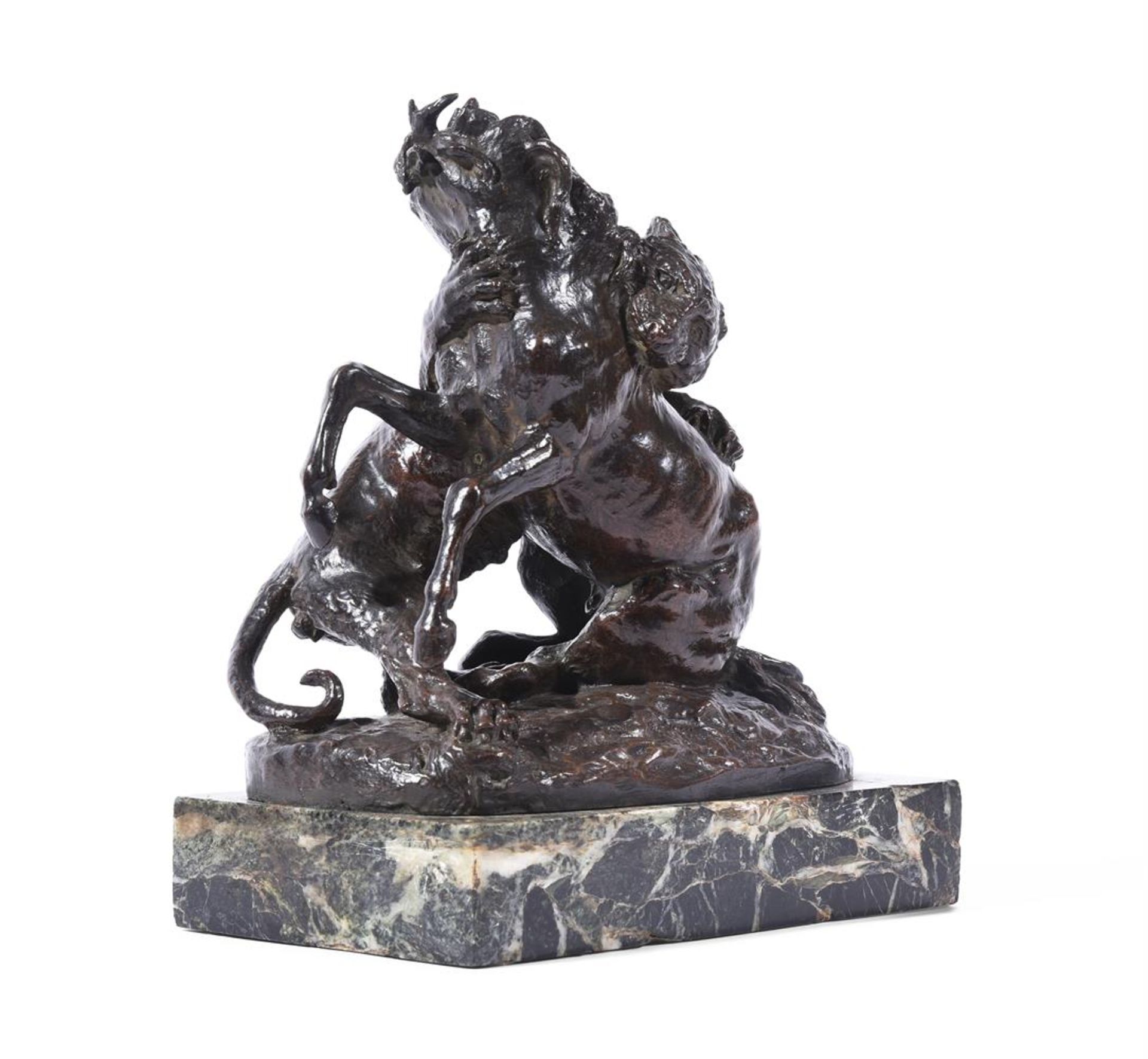 AFTER CHRISTOPHE FRATIN- A BRONZE GROUP OF A HORSE ATTACKED BY A TIGER FRENCH