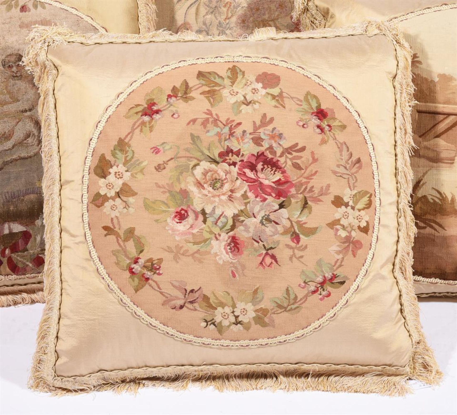 SIX LARGE CUSHIONS INCORPORATING 18TH CENTURY TAPESTRY AND LATER FABRIC - Image 2 of 4