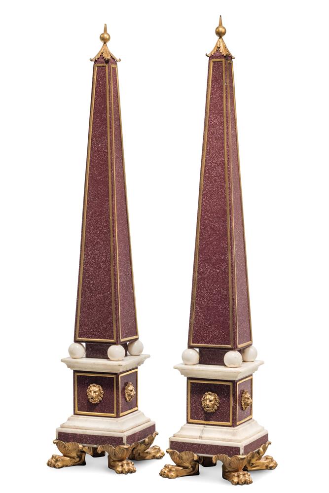 A PAIR OF ORMOLU MOUNTED RED PORPHYRY AND WHITE MARBLE OBELISKS, 19TH CENTURY