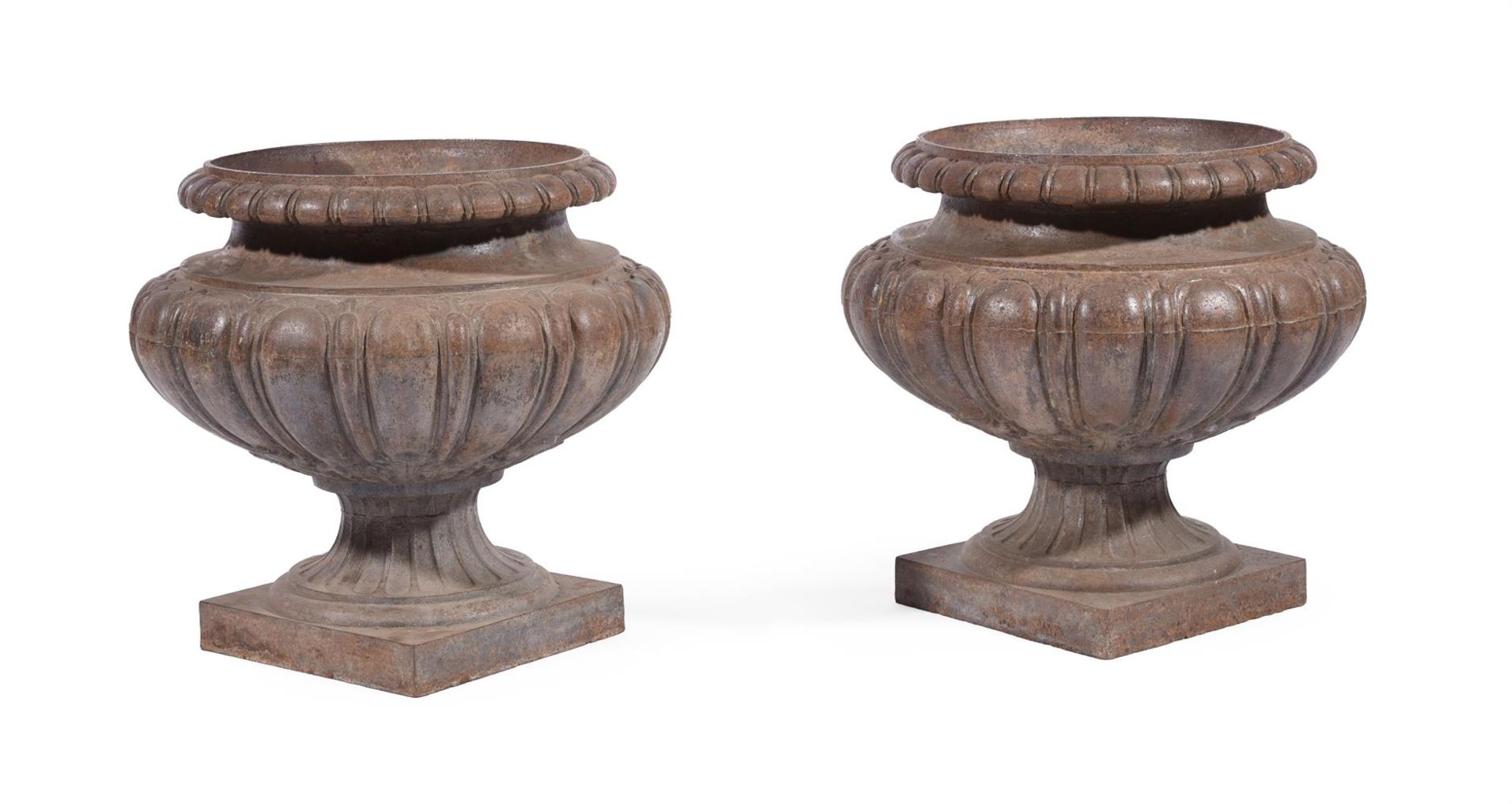 A PAIR OF CAST IRON GARDEN URNS, 19TH CENTURY