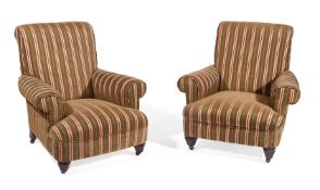 A PAIR OF OAK AND UPHOLSTERED ARMCHAIRS, FIRST HALF 20TH CENTURY
