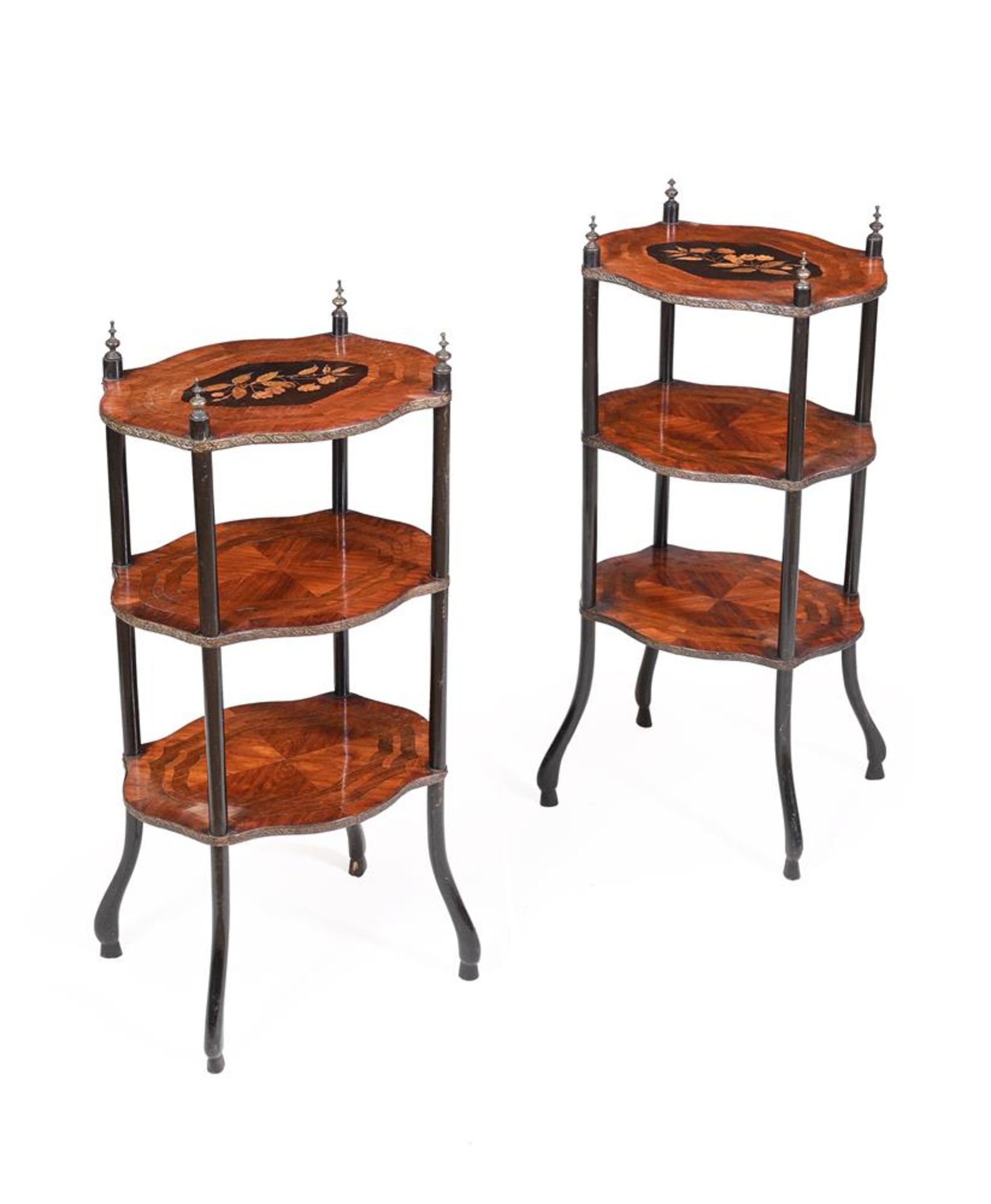 Y A PAIR OF LATE VICTORIAN TULIPWOOD, EBONISED AND MARQUETRY ETAGÈRES, LATE 19TH CENTURY