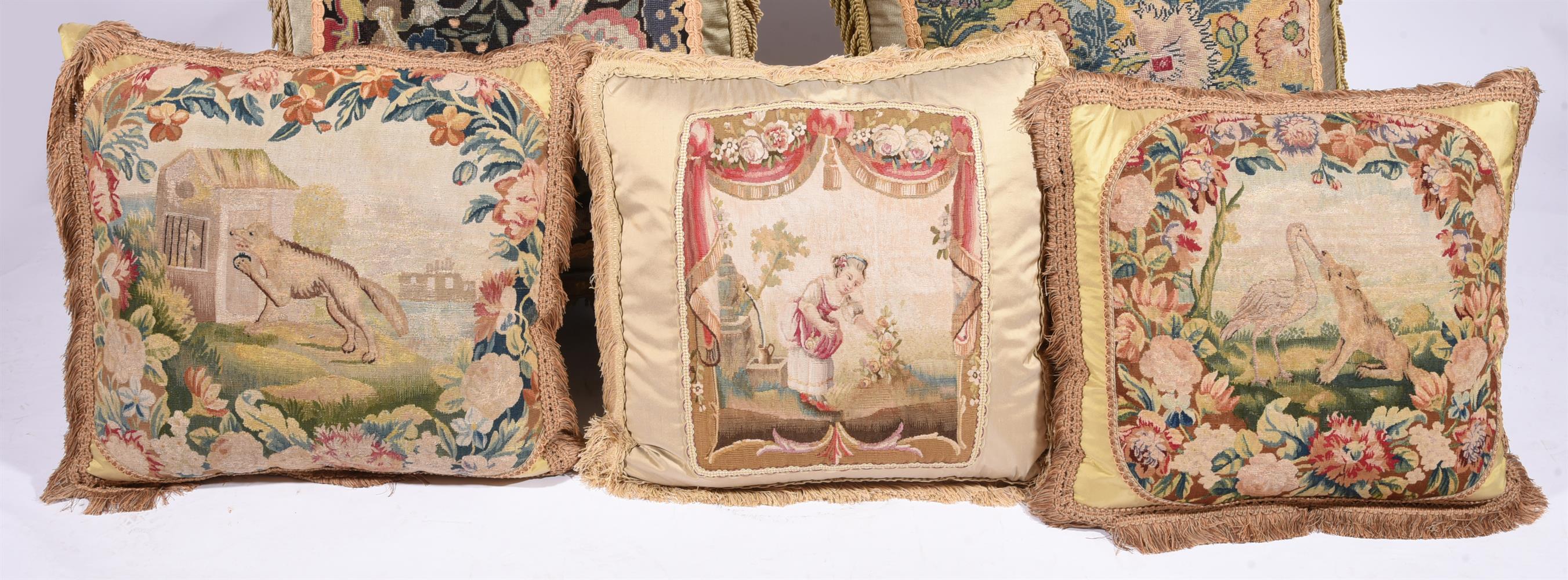 SEVEN LARGE CUSHIONS INCORPORATING 18TH CENTURY WOOLWORK AND LATER FABRIC - Image 3 of 4