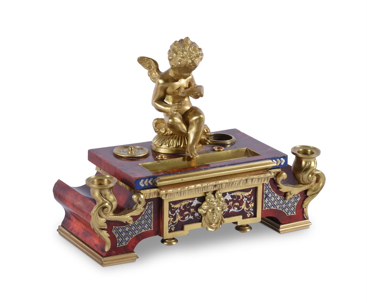 Y A FRENCH FAUX TORTOISHELL AND GILT METAL MOUNTED INK STAND IN BOULLE STYLE LATE 19TH CENTURY