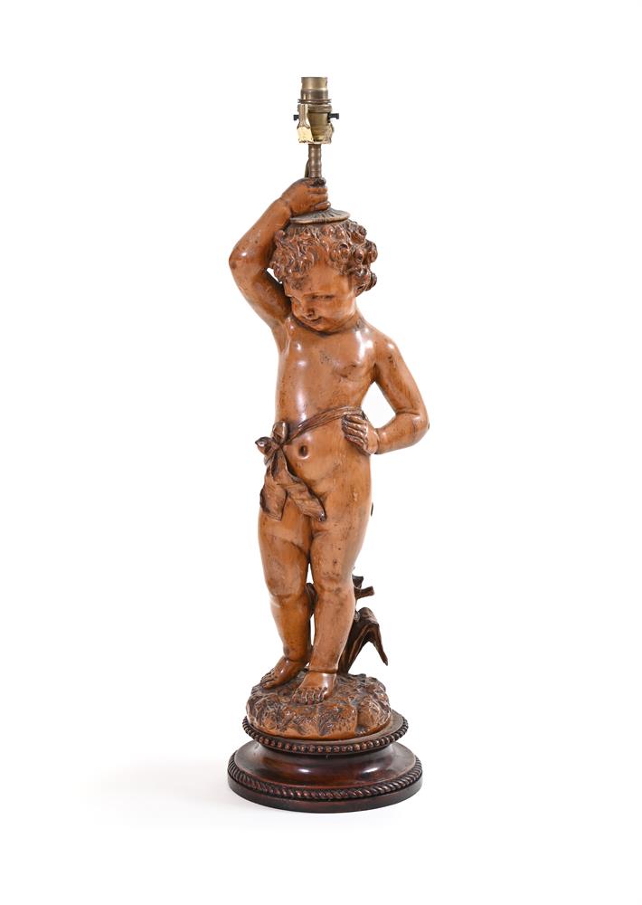 A CARVED WOOD FIGURAL LAMP BASE, MODERN