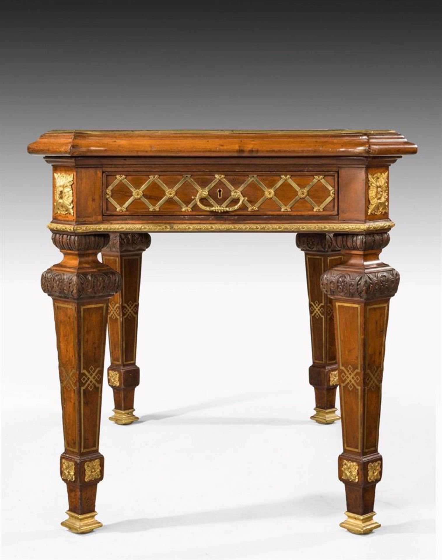 A PAIR OF MAHOGANY, BRASS INLAID AND GILT METAL MOUNTED LIBRARY TABLES, LATE 19TH/20TH CENTURY - Image 3 of 7