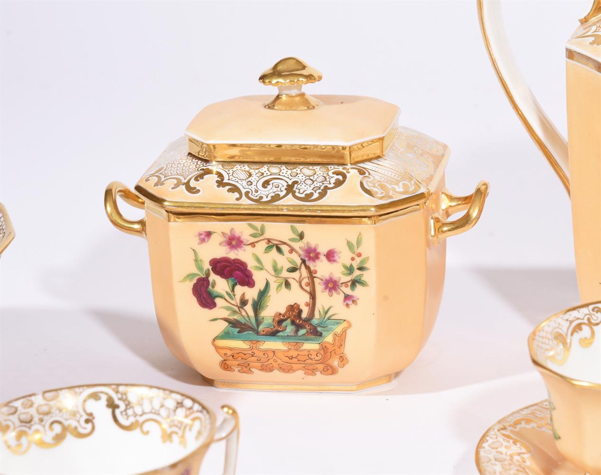 A FRENCH PORCELAIN CAFÉ AU LAIT GROUND PART TEA SERVICE MID 19TH CENTURYDecorated with chinoiserie - Image 3 of 3